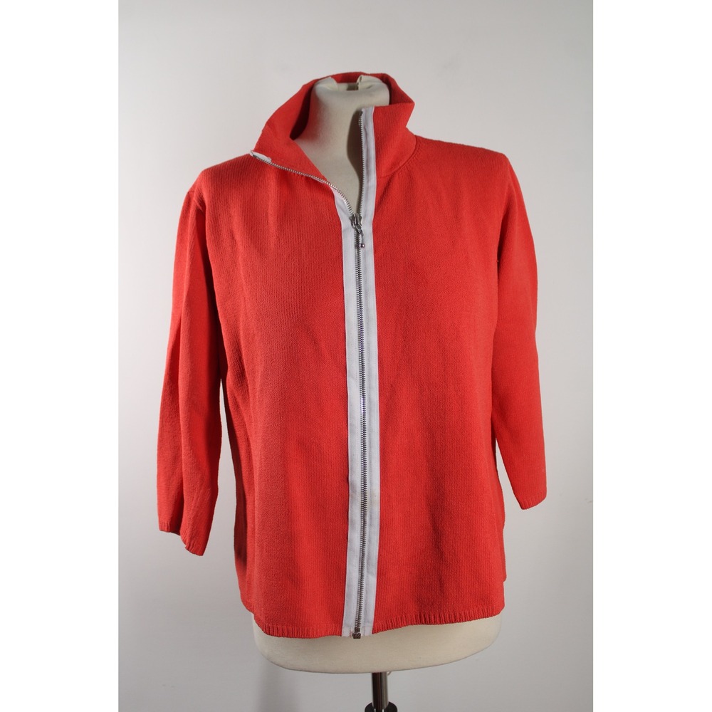 Duna M/L Orange Full Zip Handloomed Cardigan Mock Neck 3/4 Sleeve Sweater